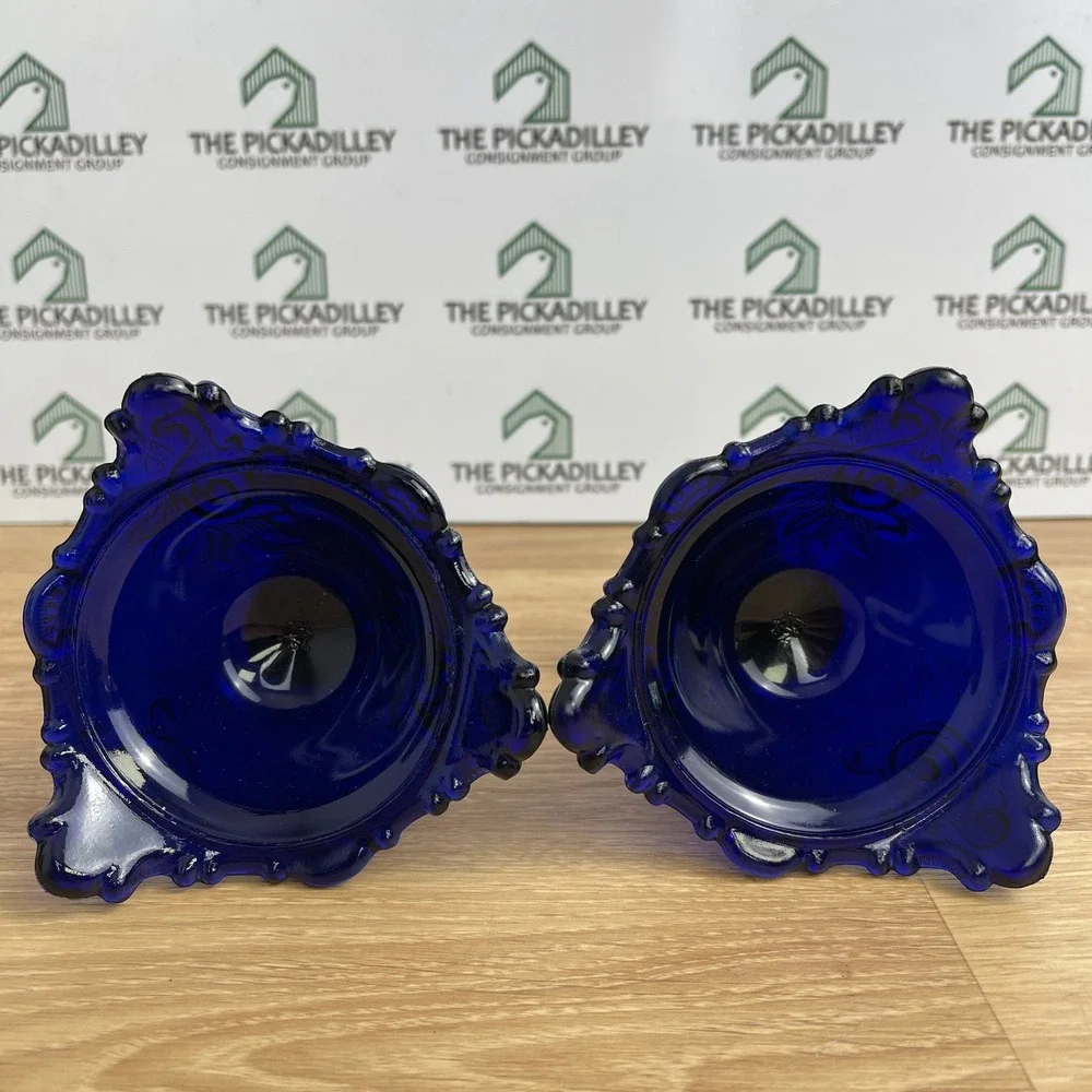 Vintage Cobalt Blue Glass Candlestick Holders Set of 2 Embossed Floral Victorian